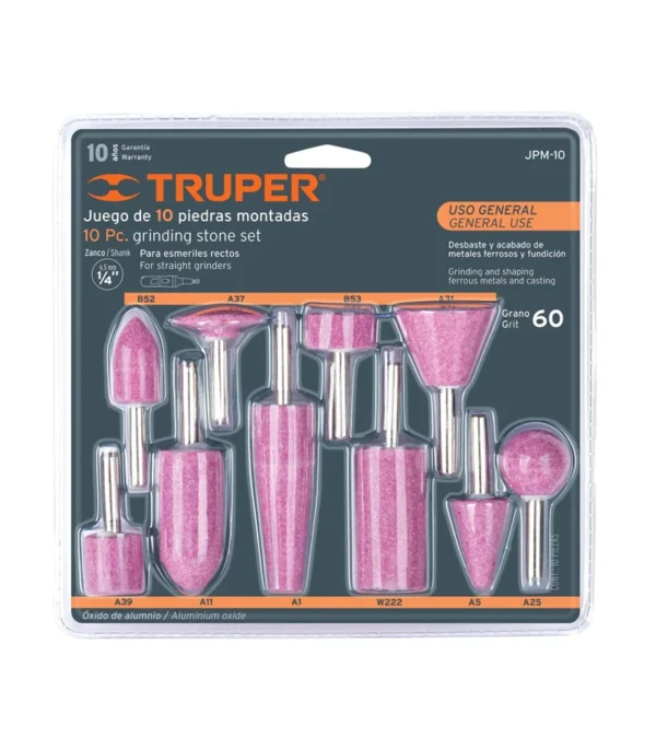 Juego de 10 piedras montadas zanco 1/4" Truper JPM-10 Juego de 10 Piedras Abrasivas para Rectificación - Truper JPM-10