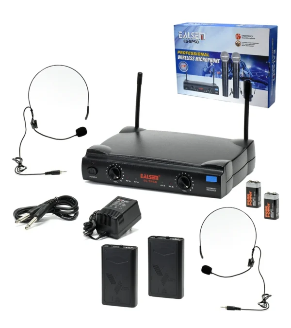 Micrófono Inalámbrico Doble de Vincha VHF Ealsem ES-SP58 Micrófono Inalámbrico VHF con Doble Vincha y Control de Volumen - Ealsem ES-SP58