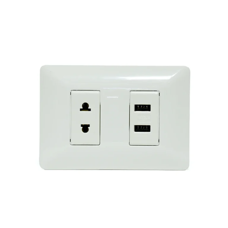 Placa de Pared USB de Carga x2 con Toma Eléctrica Plano/Redondo NEMA Opalux BM1226 Wall Plated con 2 Puertos USB de Carga y 1 Puerto de Toma Eléctrica Americana Opalux BM1116