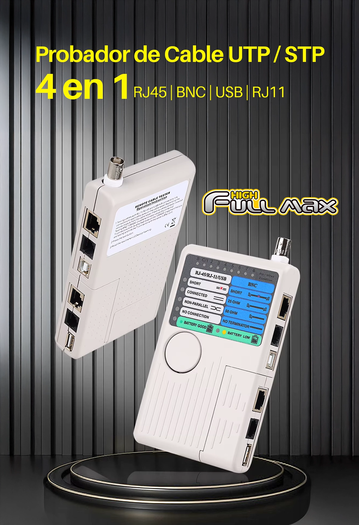 Probador de Cable UTP BNC USB y Telefónico High Full Max HFM-C14: ¡Verifica tus Conexiones con Precisión!