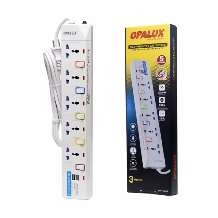 Supresor de Pico de 3 Metros con 2 USB de Carga Opalux OP-105USB Regleta Eléctrica con Cable de 3 Metros, 5 Tomas Universales y 2 Puertos USB de Carga - Opalux OP-105USB