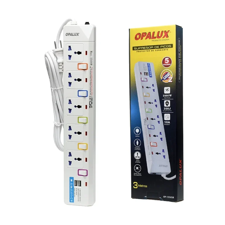 Supresor de Pico de 3 Metros con 2 USB de Carga Opalux OP-105USB Regleta Eléctrica con Cable de 3 Metros, 5 Tomas Universales y 2 Puertos USB de Carga - Opalux OP-105USB