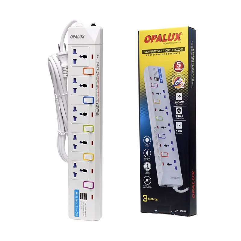 Supresor de Pico de  Metros con  USB de Carga Opalux OP USB Regleta Eléctrica con Cable de  Metros  Tomas Universales y  Puertos USB de Carga   Opalux OP USB