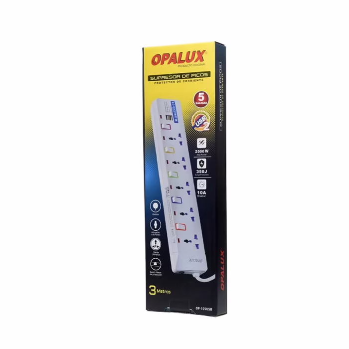 Supresor de Pico de  Metros con  USB de Carga Opalux OP USB Regleta Eléctrica con Cable de  Metros  Tomas Universales y  Puertos USB de Carga   Opalux OP USB