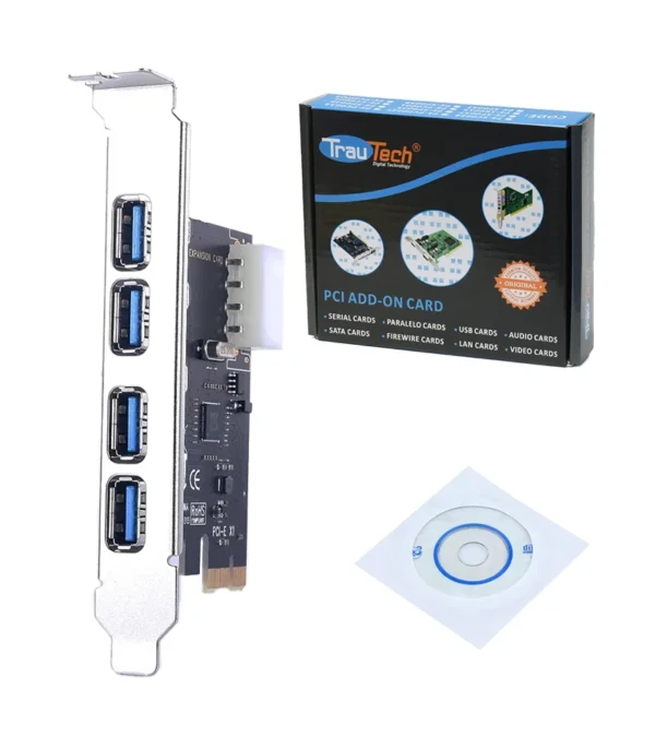 Tarjeta PCI Express con 4 Puertos USB 3.0 Trautech PE-EC0024 Tarjeta PCI-e X1 con 4 USB 3.0 de 5Gbps - Trautech PE-EC0024