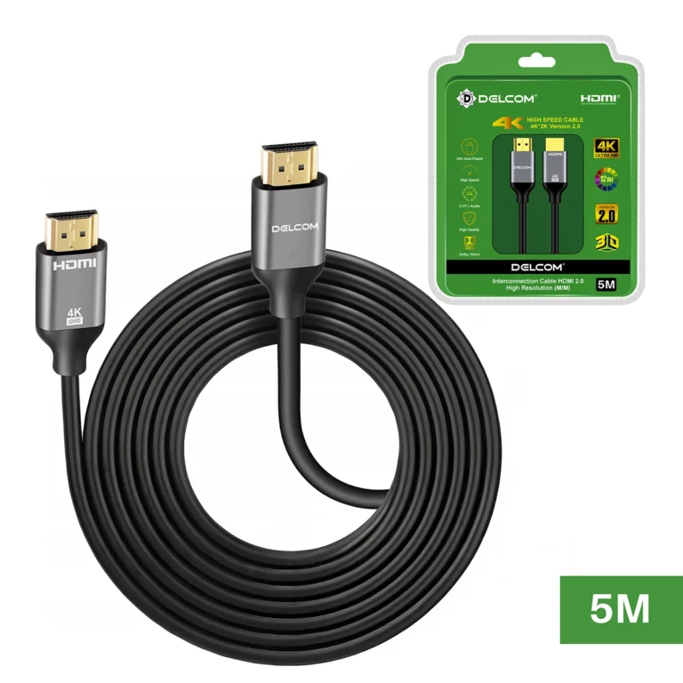 Cable HDMI Delcom de 5 Metros 4K@60Hz v2.0 DCHD042: Conexión sin Límites en Alta Resolución, Cable HDMI 2.0 premium Delcom DCHD042 de 5 metros color negro, mostrando sus conectores reforzados de aluminio y bañados en oro, un producto de HD Multimedia PERU SAC.