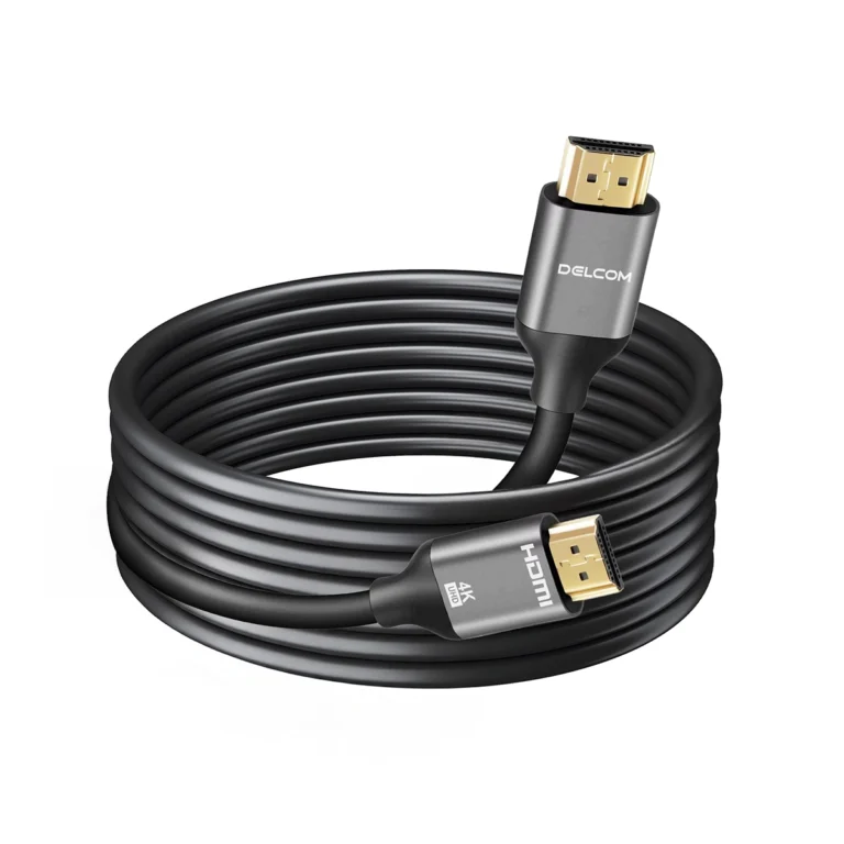 Cable HDMI Delcom de 5 Metros 4K@60Hz v2.0 DCHD042: Conexión sin Límites en Alta Resolución, Cable HDMI 2.0 premium Delcom DCHD042 de 5 metros color negro, mostrando sus conectores reforzados de aluminio y bañados en oro, un producto de HD Multimedia PERU SAC.