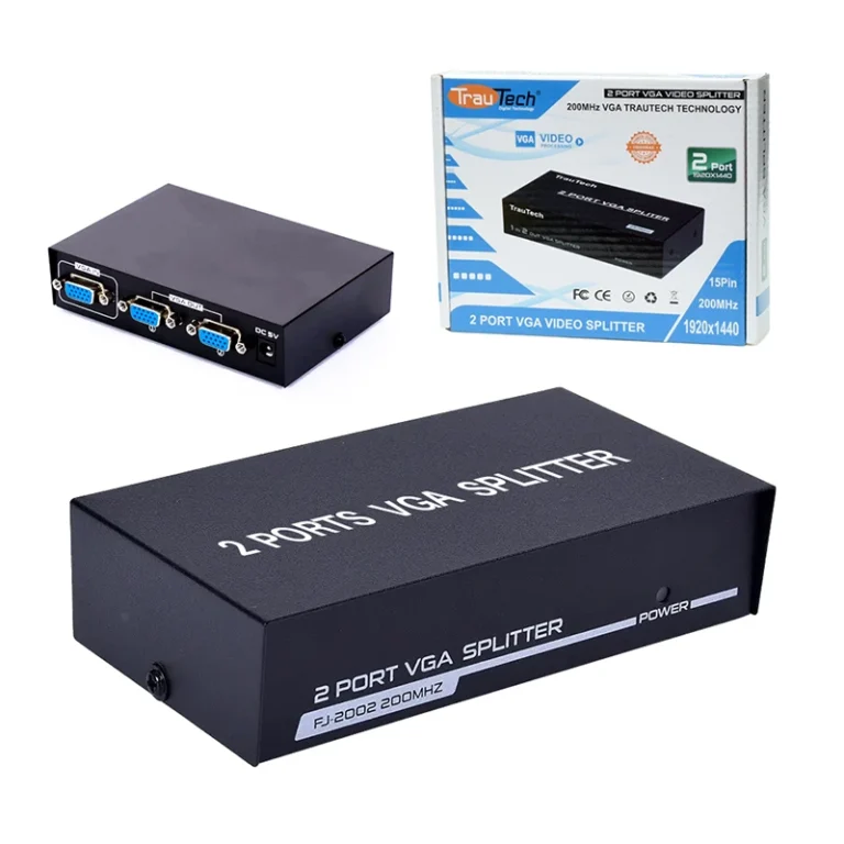 Splitter VGA 1x2 Vías de 200Mhz Trautech PE-VS0027 Splitter de Video VGA con 1 Entrada 2 salidas en Simultáneo a 200Mhz Full HD 1920 x 1280 píxeles - Trautech PE-VS0027