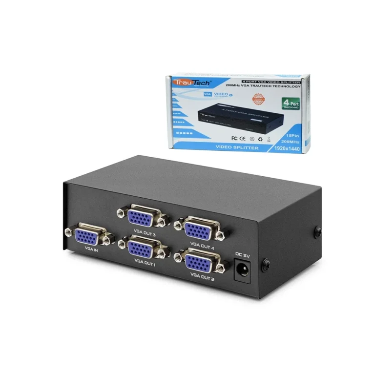 Splitter VGA 1x4 Vías de 200Mhz Trautech PE-VS0043 Splitter de Video VGA con 1 Entrada 4 salidas en Simultáneo a 200Mhz Full HD 1920 x 1280 píxeles - Trautech PE-VS0043