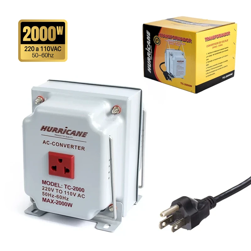 Transformador de 220V a 110VAC de 2000W Hurricane TC-2000W Auto Transformador de 2000W, Convertidor de Voltaje 220v a 110v AC 50/60hz Hurricane TC-2000