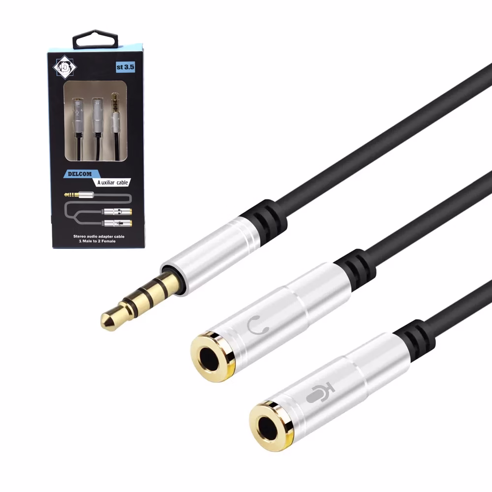 Cable Adaptador Bifucador de Audio y Micrófono   Delcom DCAU  Cable Divisor de Audio y Micrófono a Mini Plug Macho de mm   Delcom