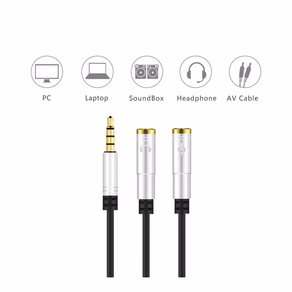 Cable Adaptador Bifucador de Audio y Micrófono   Delcom DCAU  Cable Divisor de Audio y Micrófono a Mini Plug Macho de mm   Delcom