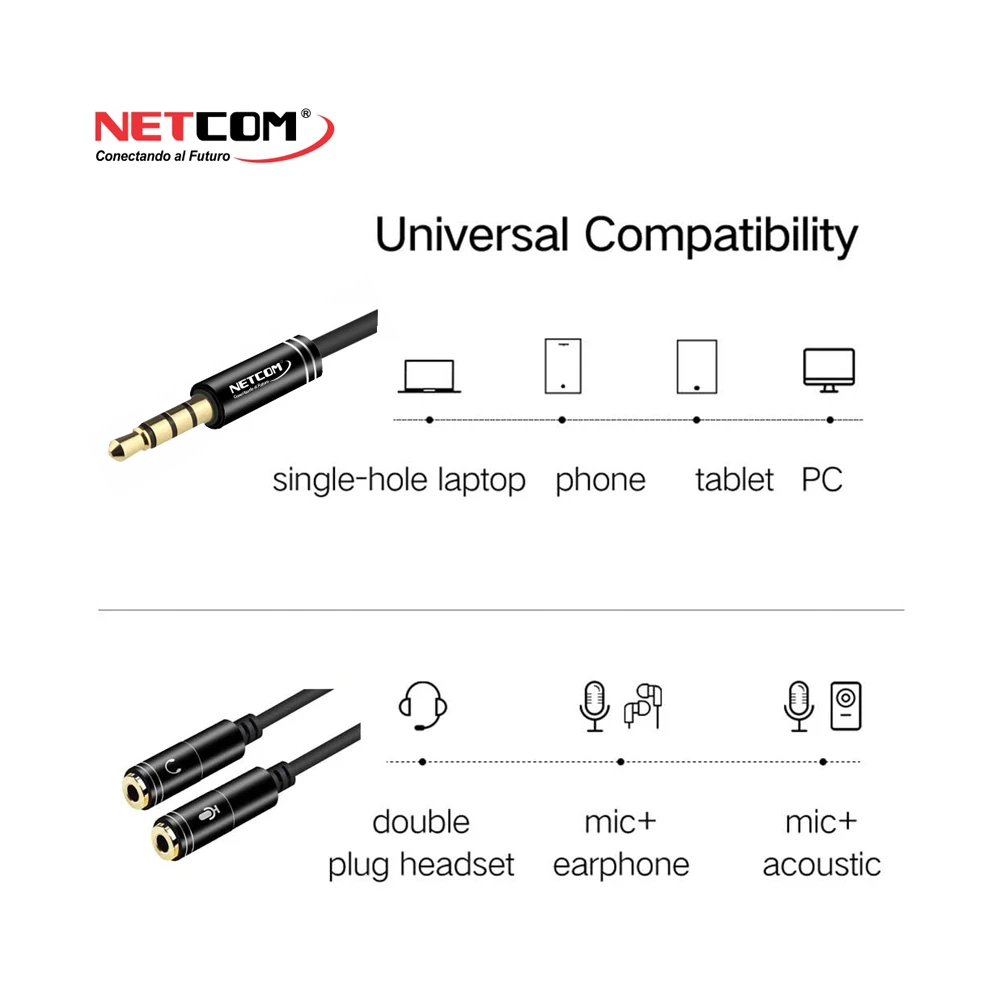 Cable Divisor de Audio y Micrófono NETCOM PE-RS0075 Bifucador de Audio y Micrófono para Laptop, Separador de Audio para Tableta o Laptop, Divisor de audio NETOCM PE-RS0075