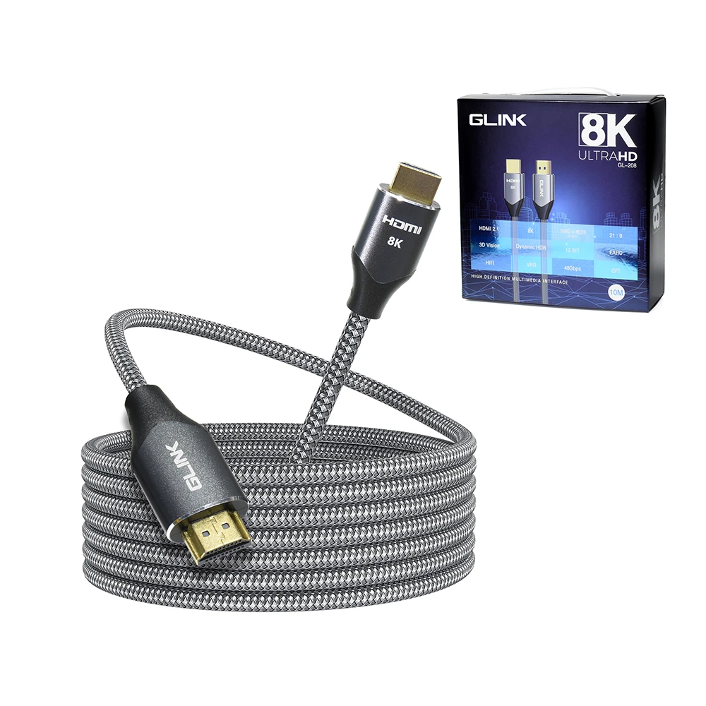 Cable HDMI de 10M 8K Glink GL-208 Cable HDMI Versión 2.1 de 10 Metros 8K de Resolución, Ultra HD, HDR, 3D vision, 48Gbps, Audio Retorno, 12 Bits - Glink 