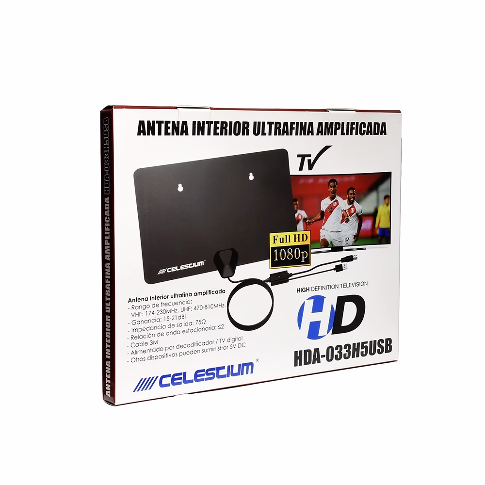 Antena HD Amplificada para Televisor Celestium HDA HUSB Antena TDT HD Amplificada para Televisores con Frecuencia VHF y UHF para ISDB T Disfruta de una TV digital nítida y sin interrupciones