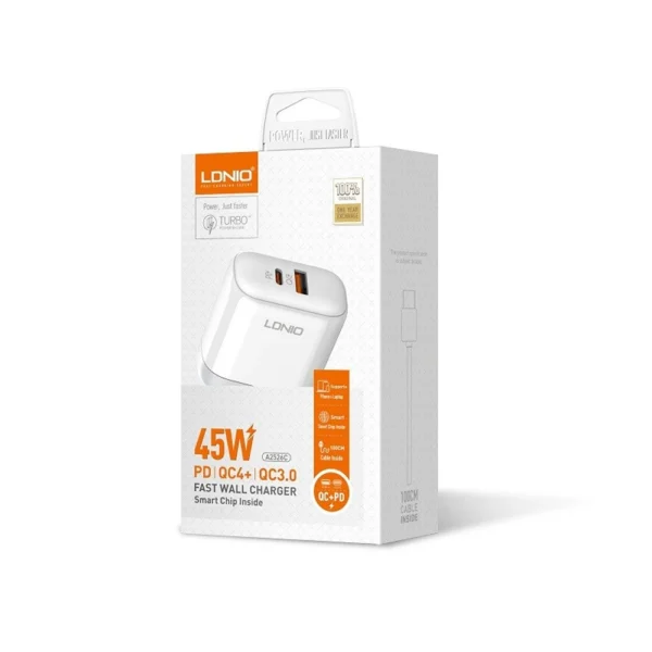 Cargador USB C de 45W LDNIO A2526C Cargador Rápido para Celular o Tableta con Puerto USB y USB tipo C de 45W con PD QC4+ y QC3.0 LDNIO A2526C Cargador Rápido LDNIO A2526C: Carga Tu Celular o Tableta a Toda Velocidad