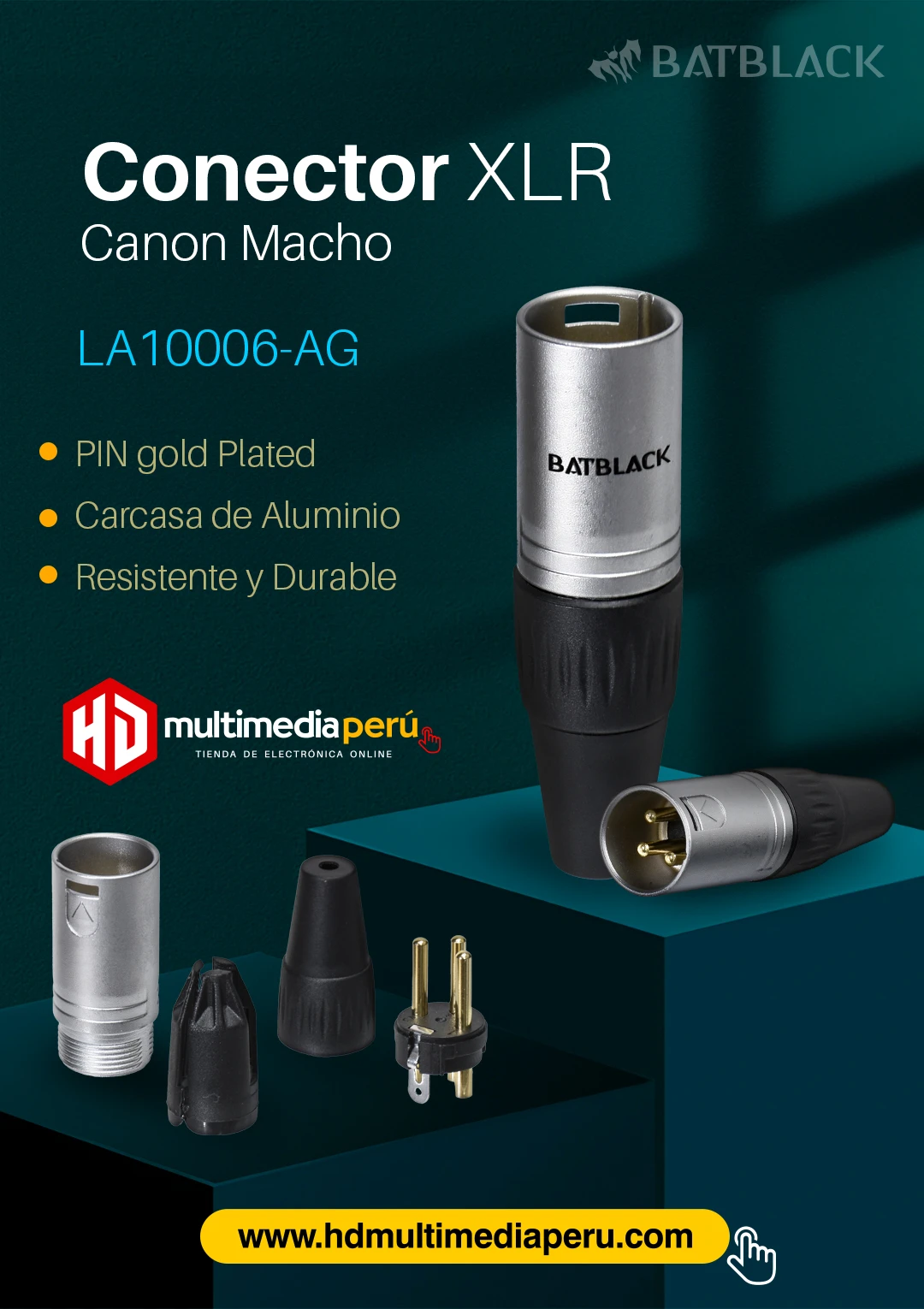 Conector Canon XLR Macho BatBlack LA1006-AG Conector XLR Macho BatBlack LA1006-AG: Conexiones de audio profesionales