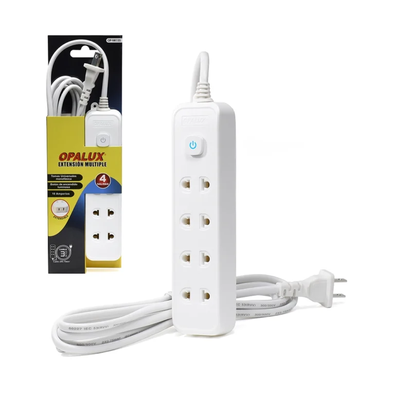 Extensión Múltiple de 3 Metros con 4 Salidas Opalux OP-NK-135: Tu Aliado Ideal para la Conectividad Eléctrica Extensión Múltiple de Corriente con 4 Tomas Redondo / Plano y Cable de 3 Metros de 18AWG, Color Blanco Opalux OP-NK135