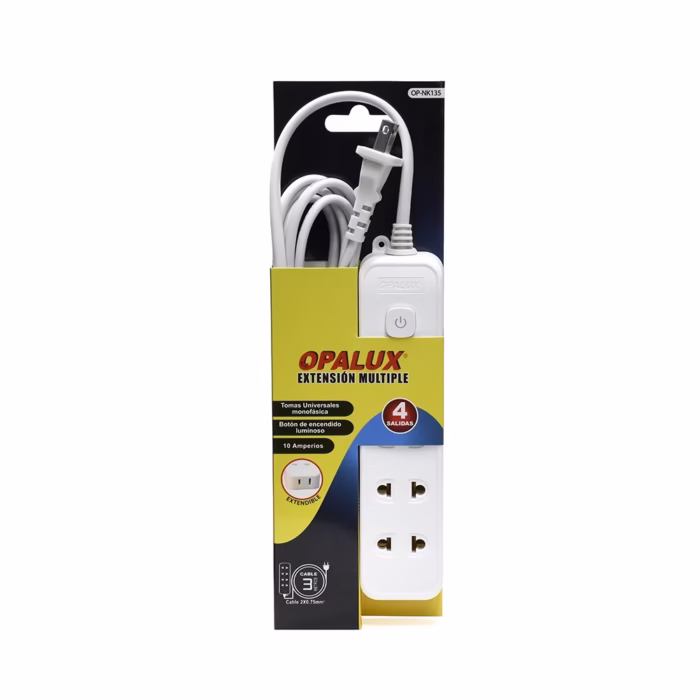 Extensión Múltiple de  Metros con  Salidas Opalux OP NK  Tu Aliado Ideal para la Conectividad Eléctrica Extensión Múltiple de Corriente con  Tomas Redondo  Plano y Cable de  Metros de AWG Color Blanco Opalux OP NK
