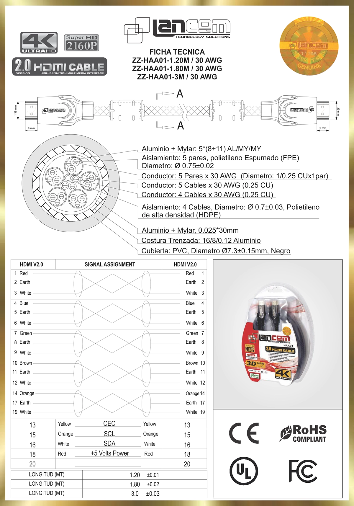 Cable HDMI 2.0 4K de 1.2 Metros Lancom HAA01-1.2M: ¡Conexión Corta, Robusta y de Alta Calidad!, Cable HDMI 4K enmallado de 1.2 metros Lancom HAA01-1.2M, mostrando sus robustos conectores metálicos y dorados para una conexión premium y ordenada, producto de HD Multimedia.