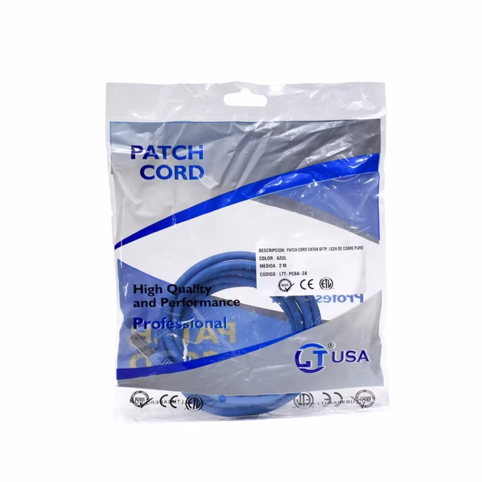 Cable Patch Cord CatA M SFTP Color Azul con Chaqueta LSZH  Modelo LTT PCA A  marca LT USA Cable Patch Cord CatA de  Metros Conectividad Segura y Rápida para tu Red