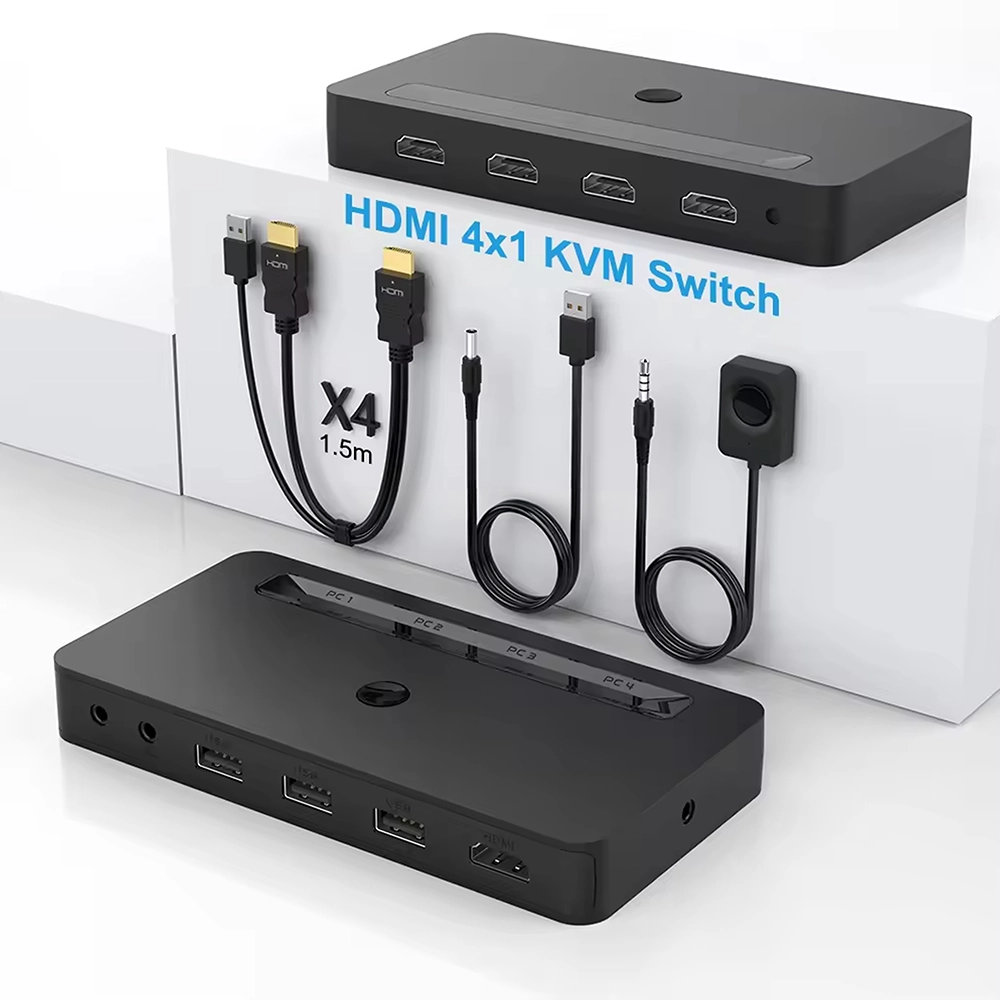 Switch KVM HDMI 4x1 con Audio LD-KVM4P Selector KVM HDMI 4K: Controla múltiples dispositivos con un solo teclado, mouse y monitor