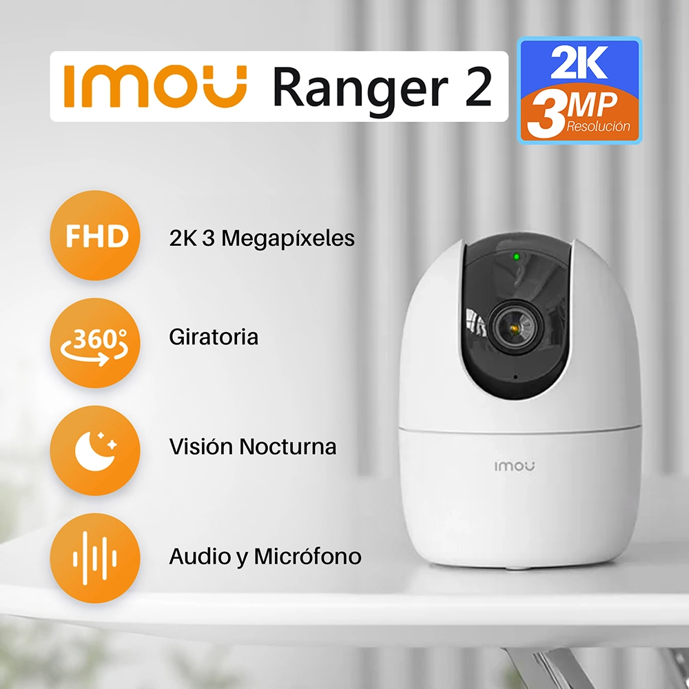 IMOU Ranger 2  IPC-K2E-3H1W | Cámara Giratoria 360° | 3 Megapíxeles | Audio BiDireccional | Micrófono Incorporado | Visión Nocturna | Detección de Movimiento: La Cámara Inteligente que Cuida de lo que Más Importa