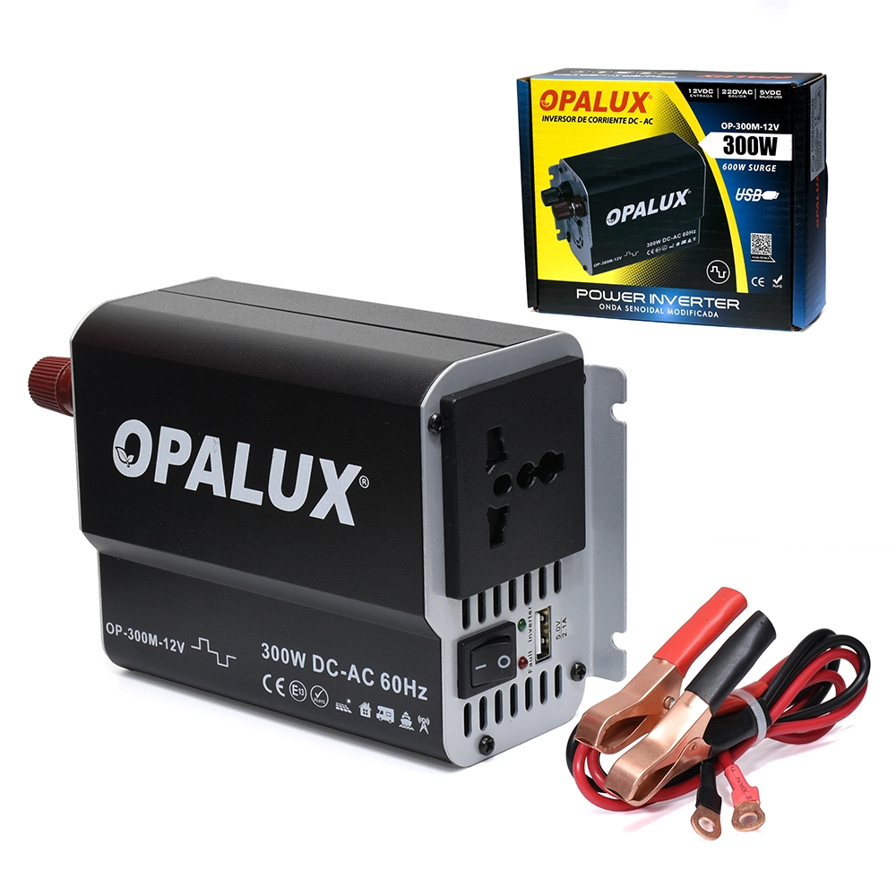 Inversor de Voltaje Opalux OP-300M-12V | 300W: Alimenta tus Dispositivos Donde Quieras, Inversor de Voltaje 12V a 220V AC, Inversor de Corriente 300W