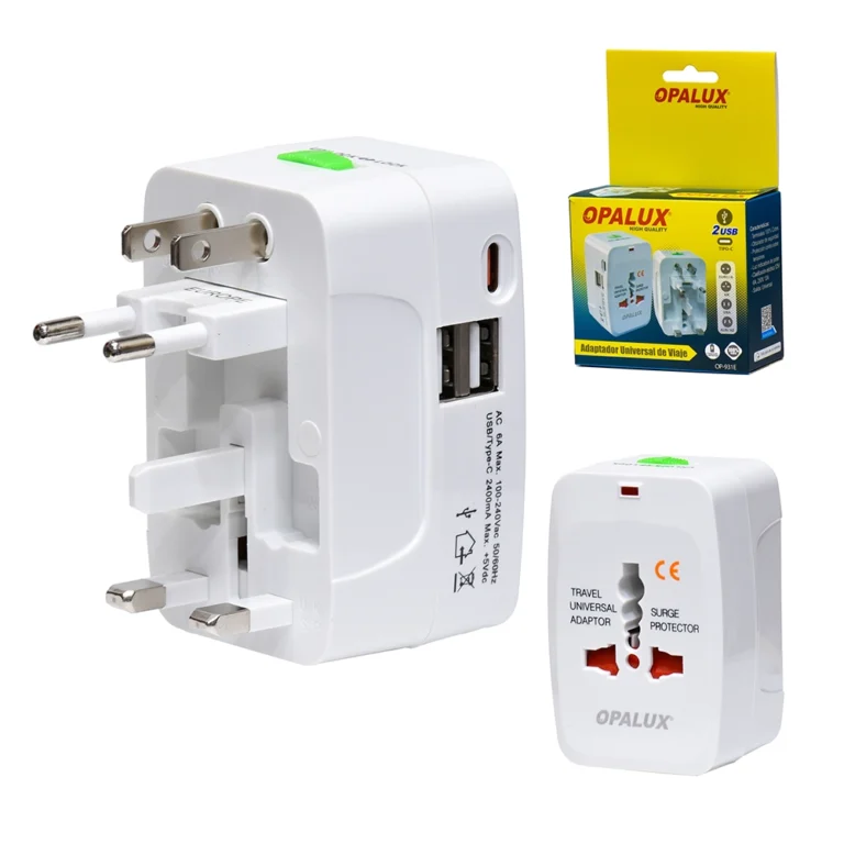 Adaptador de Viaje Opalux OP-931E | 2 Puertos USB-A | 1 Puerto USB-C | Toma Corriente Universal: Tu compañero ideal para viajes, Adaptador Viajero con USB