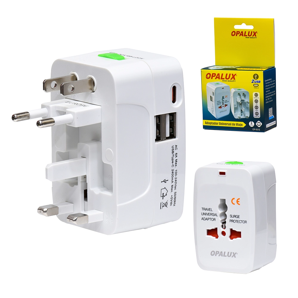 Adaptador de Viaje Opalux OP-931E | 2 Puertos USB-A | 1 Puerto USB-C | Toma Corriente Universal: Tu compañero ideal para viajes, Adaptador Viajero con USB