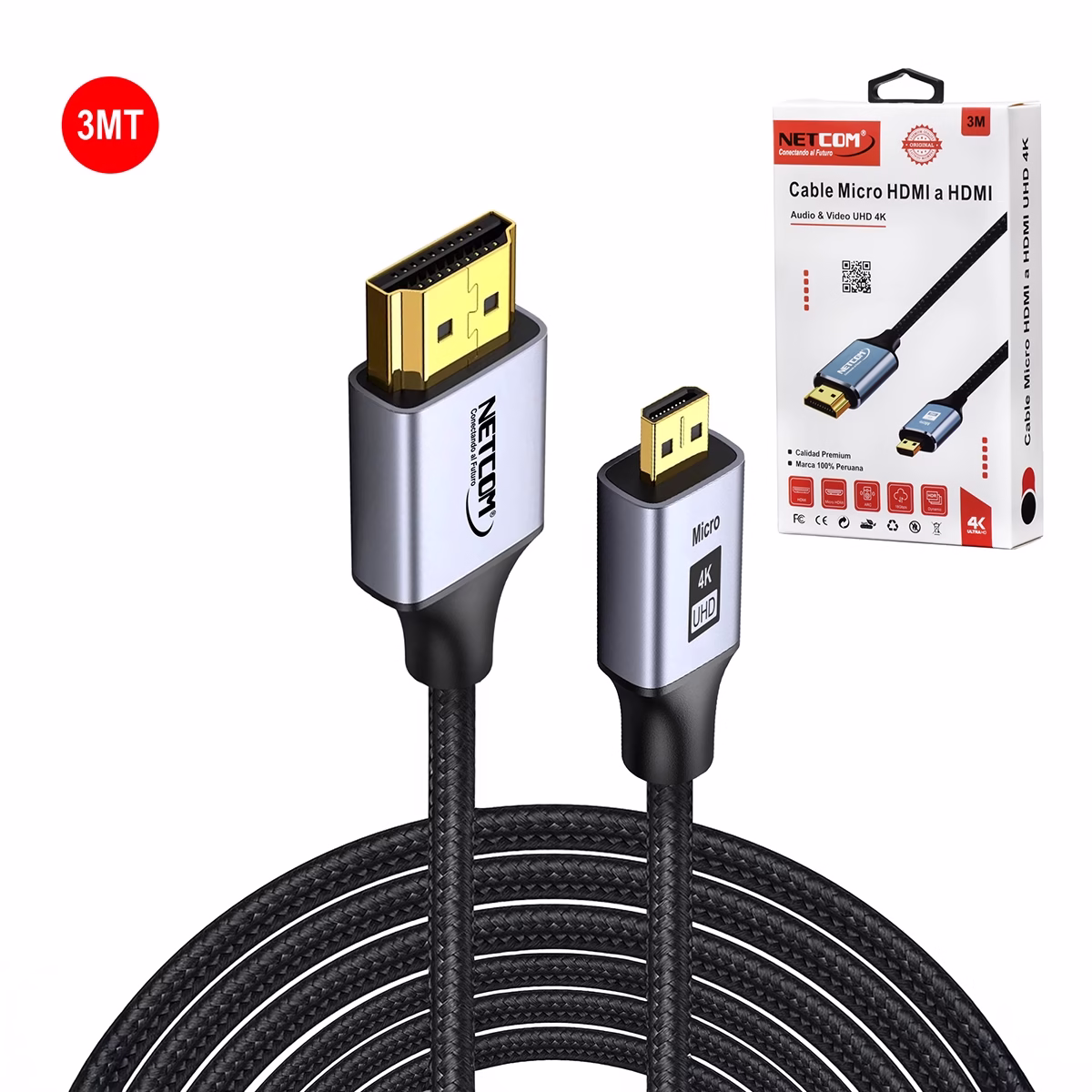 Cable Micro HDMI 3MT Premium 4K v20 NETCOM PE HD0833 HD Multimedia PERU SAC Cable Micro HDMI K m NETCOM PE HD Calidad Premium y Mayor Alcance para tu Experiencia Visual