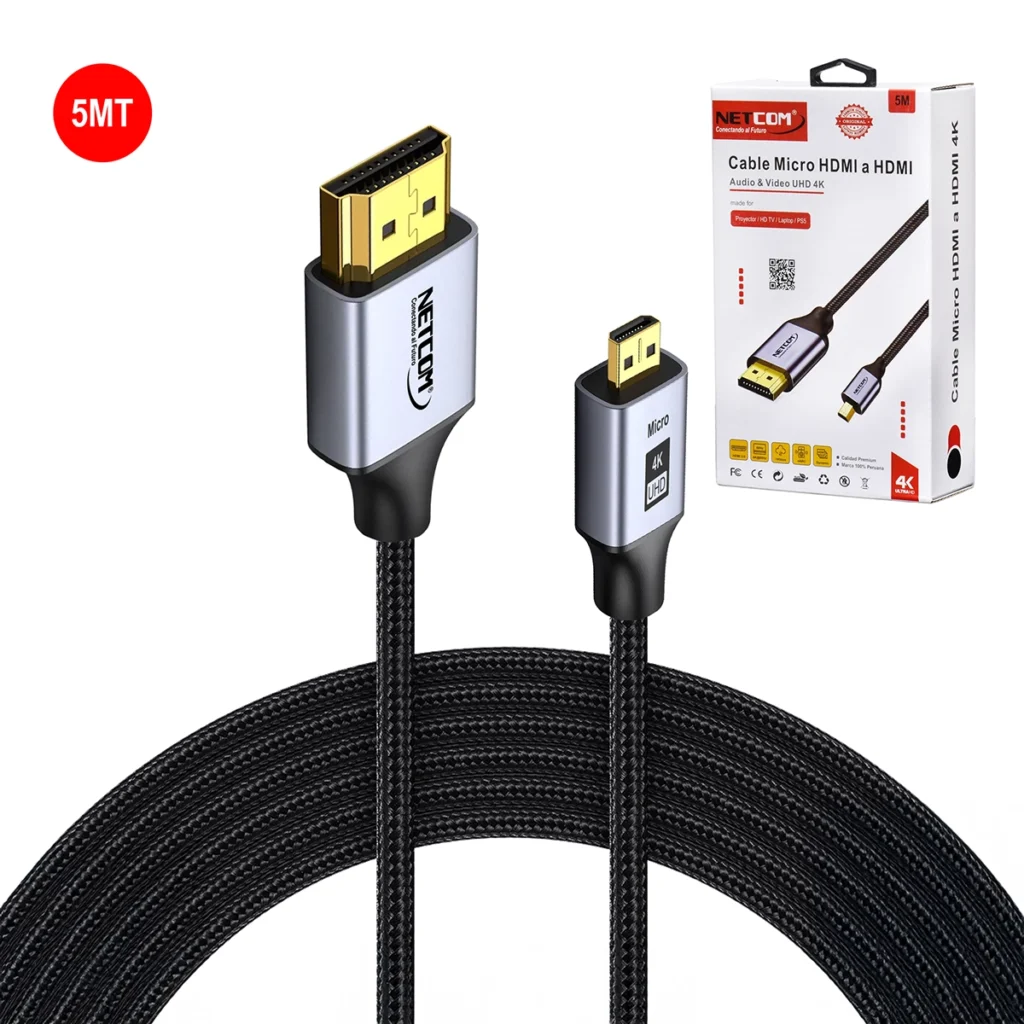 Cable Micro HDMI 5m 4K@60hz NETCOM PE-HD0848: ¡Calidad Premium y Máximo Alcance para tu Experiencia Visual 4K!, HDMI Tipo D 4K v2.0