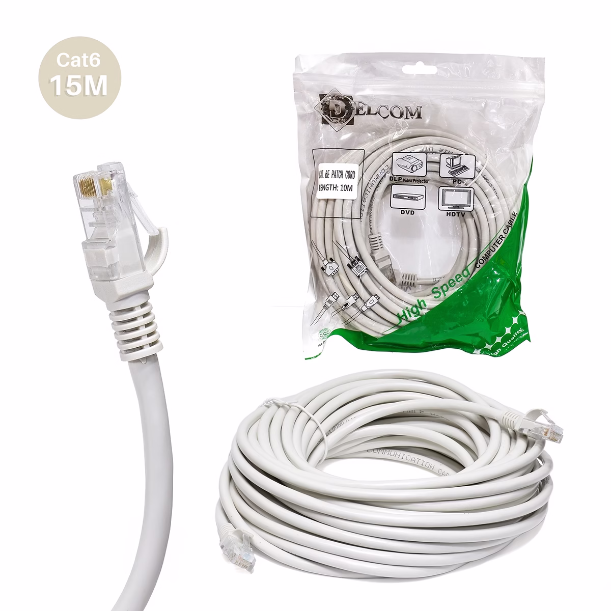 Cable Patch Cord Cat6E 15 Metros Beige DELCOM DPAT014 HD Multimedia PERU SAC Cable Patch Cord Cat Metros DELCOM DPAT Conexión Estable y de Largo Alcance