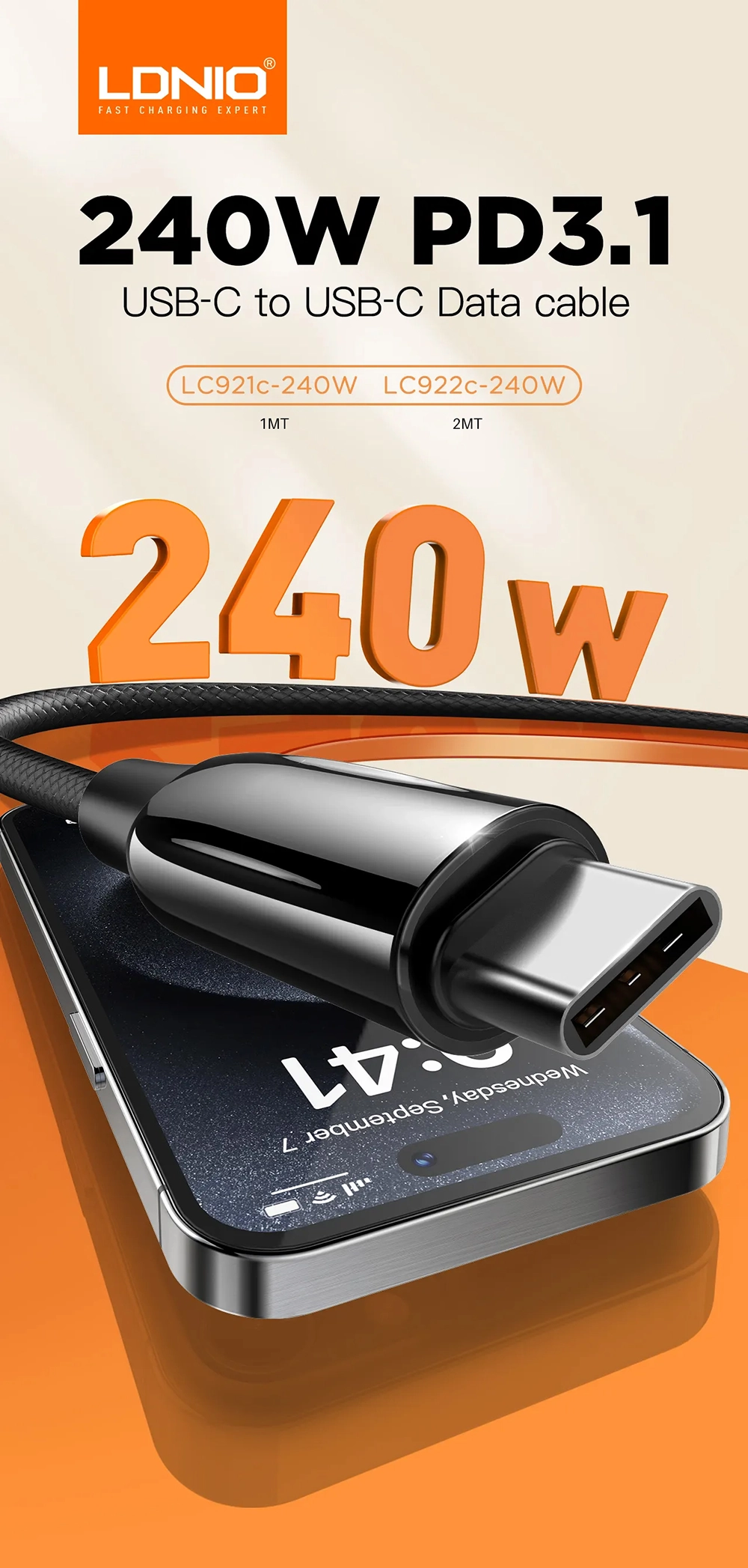 Cable USB-C 1MT LDNIO LC921C-240W: ¡Potencia Máxima con 240W y PD 3.1!