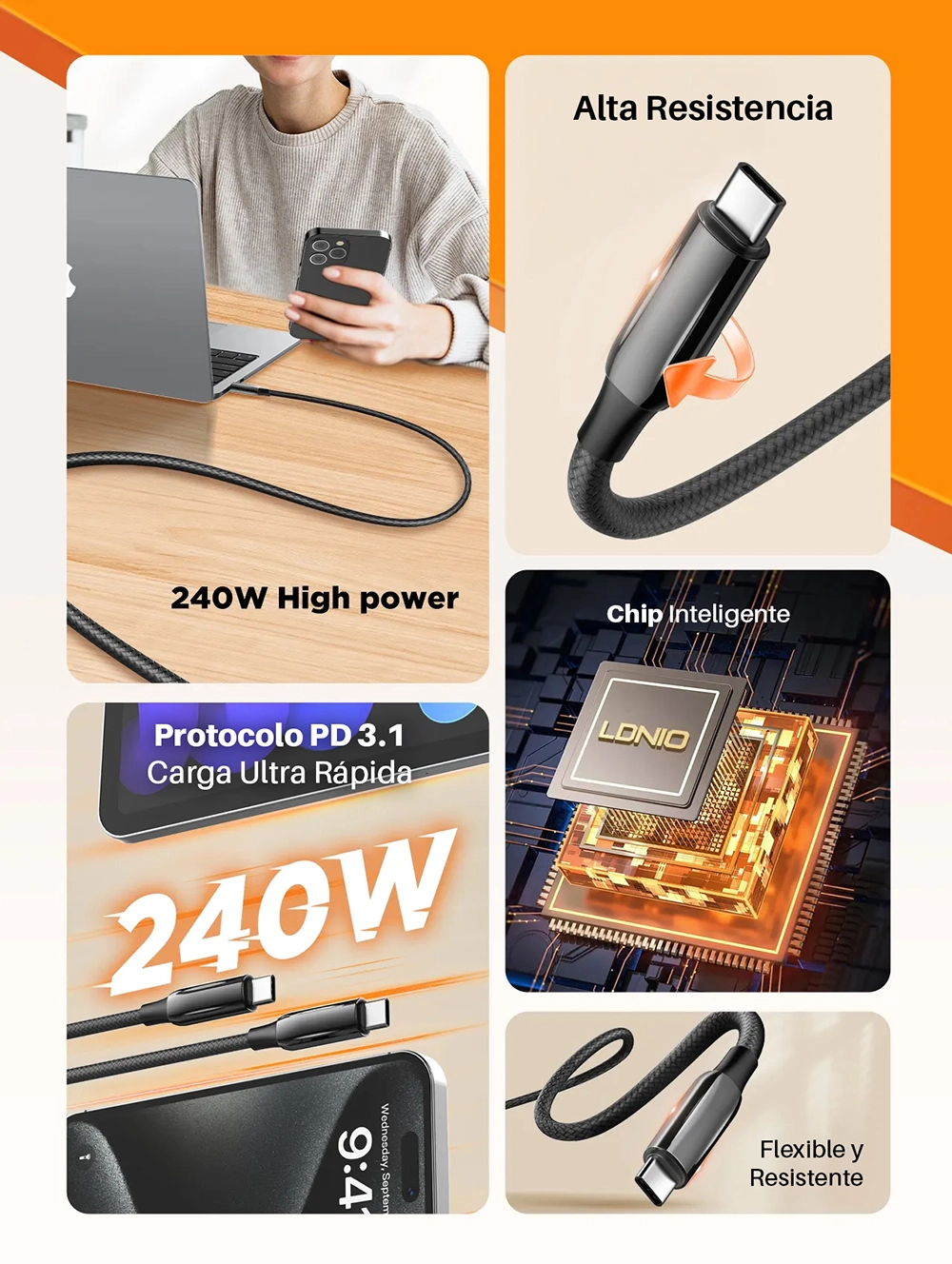 Cable USB-C 2MT 240W LDNIO LC922C-240W: ¡Potencia y Durabilidad!