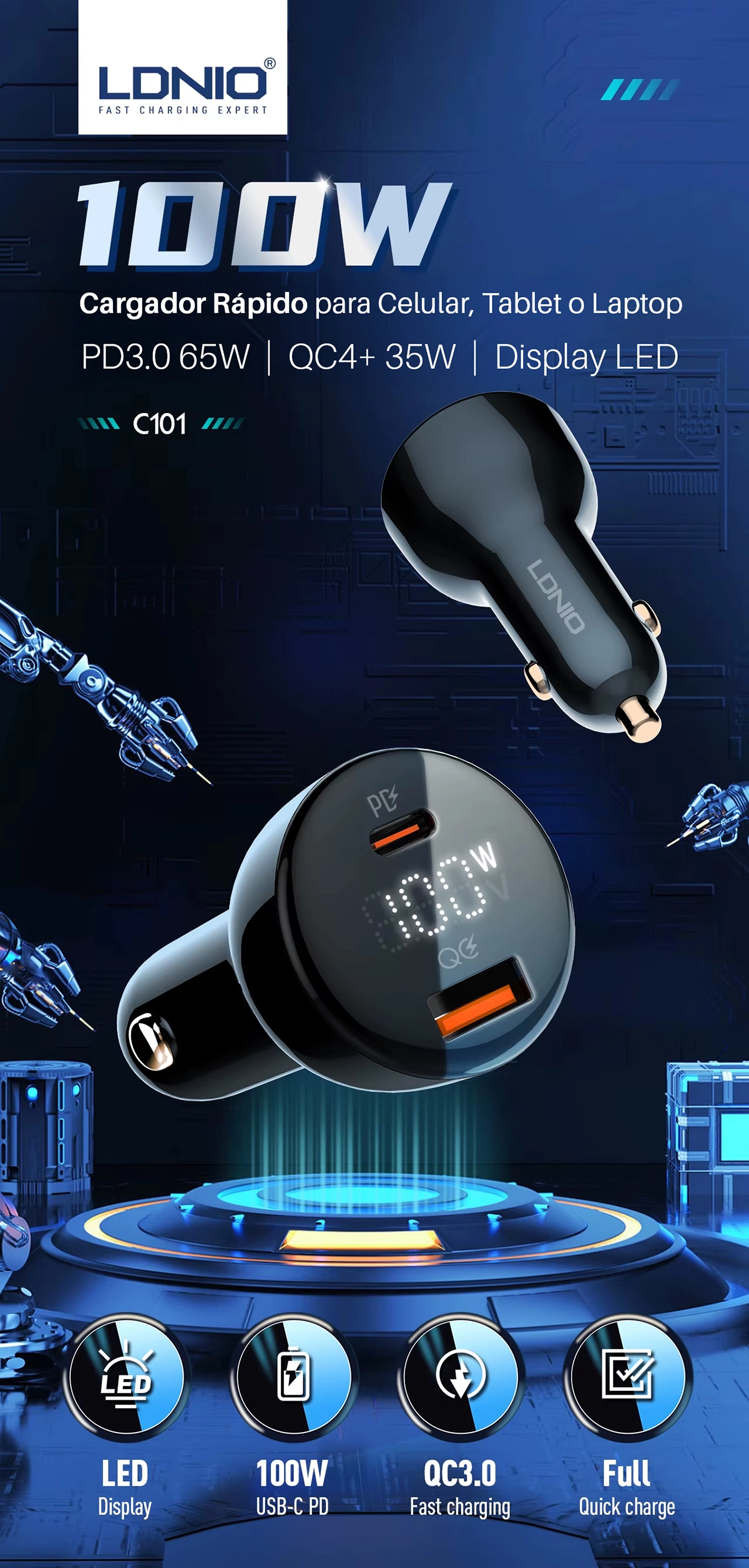 Cargador USB-C 100W para Auto LDNIO C101: ¡Carga Ultrarrápida en tu Vehículo!, Cargador USB para Camión