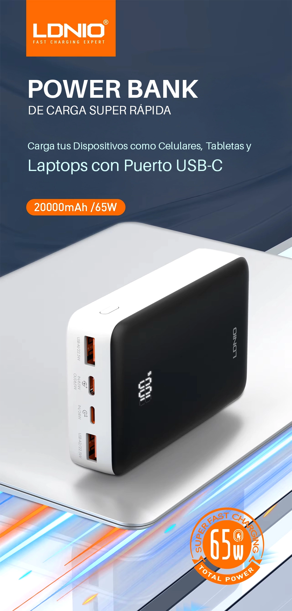 Power Bank LDNIO PQ27 20000mAh: ¡Carga Ultrarrápida de 65W para tus Dispositivos!, Power bank para Laptop, Cargador Portátil para Tabletas, Notebook y Laptop