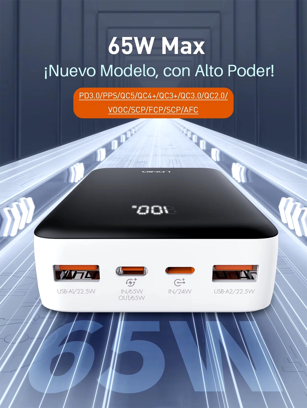 Power Bank LDNIO PQ27 20000mAh: ¡Carga Ultrarrápida de 65W para tus Dispositivos!, Power bank para Laptop, Cargador Portátil para Tabletas, Notebook y Laptop