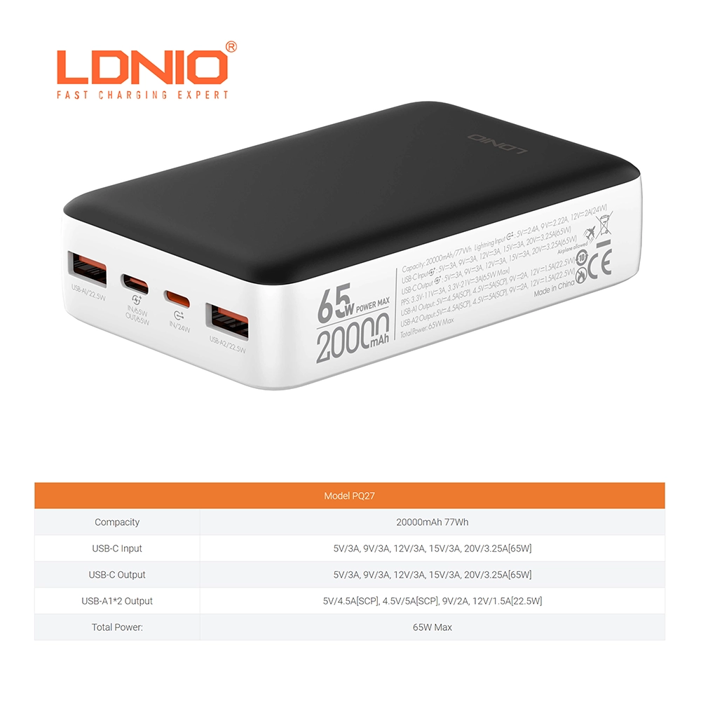 Power Bank LDNIO PQ27 20000mAh: ¡Carga Ultrarrápida de 65W para tus Dispositivos!, Power bank para Laptop, Cargador Portátil para Tabletas, Notebook y Laptop