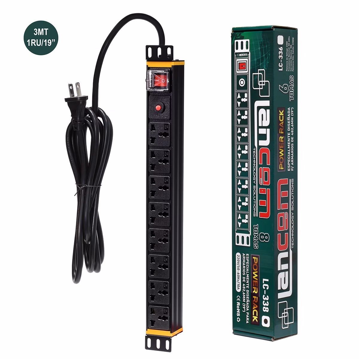 Power Rack de 8 Tomas 1RU 3MT Rackeable LANCOM ZZ LC 338 HD Multimedia PERU SAC Power Rack Tomas RU LANCOM ZZ LC Energía y Organización para tu Rack Tomas Universales | RU | Rackeable | Regleta para Gabinete