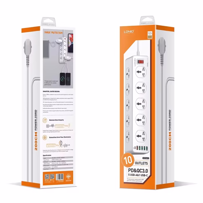 Regleta Eléctrica LDNIO SC  Metros  Tomas  Puertos USB y Carga Rápida Extensión de corriente  tomas  USB Supresor de  tomas