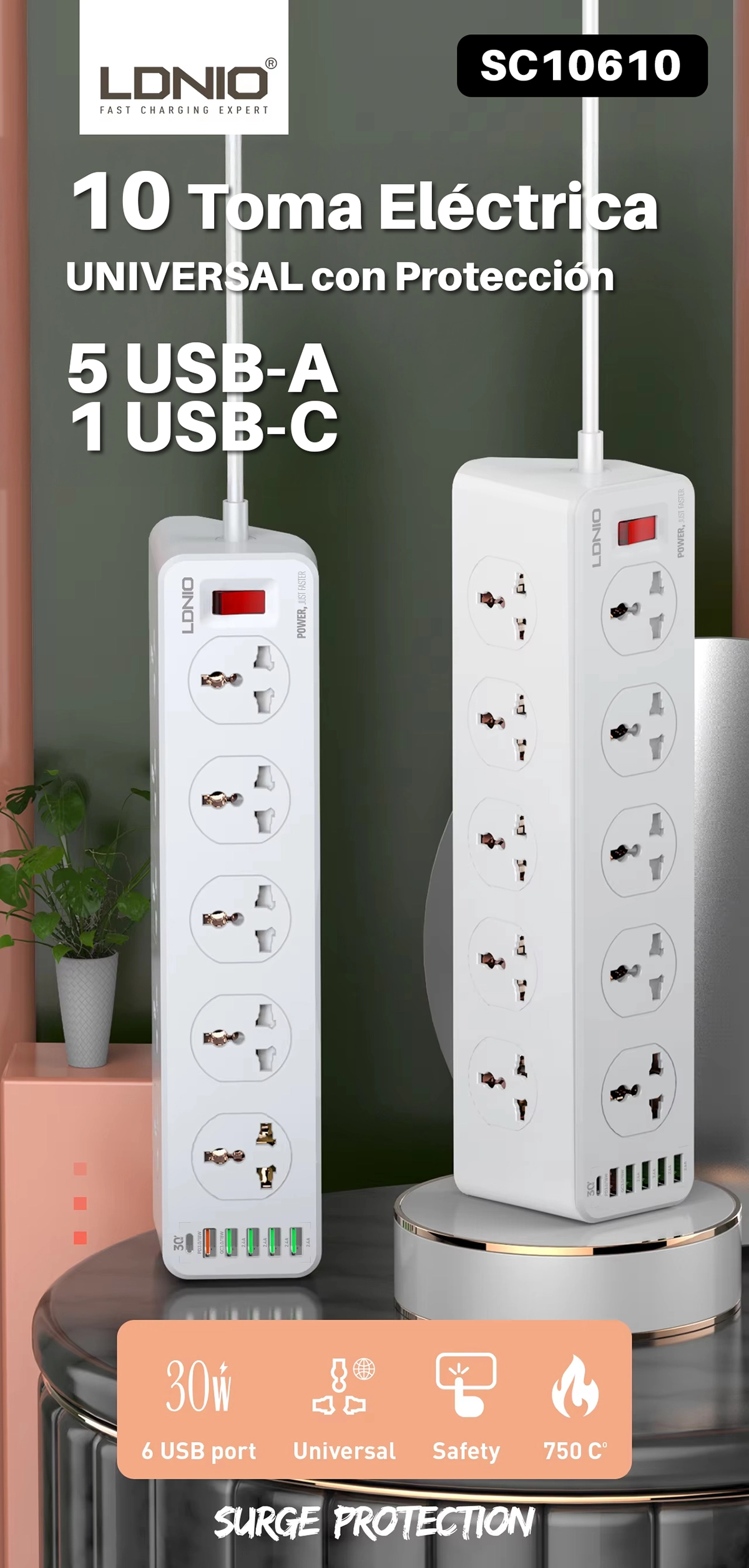 Regleta Eléctrica LDNIO SC10610: ¡2 Metros, 10 Tomas, 6 Puertos USB y Carga Rápida!, Extensión de corriente 10 tomas 6 USB, Supresor de 10 tomas