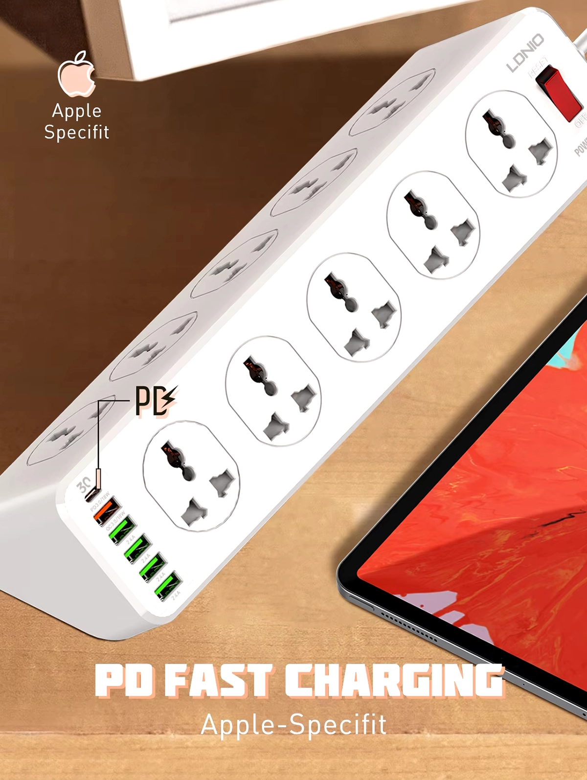 Regleta Eléctrica LDNIO SC10610: ¡2 Metros, 10 Tomas, 6 Puertos USB y Carga Rápida!, Extensión de corriente 10 tomas 6 USB, Supresor de 10 tomas