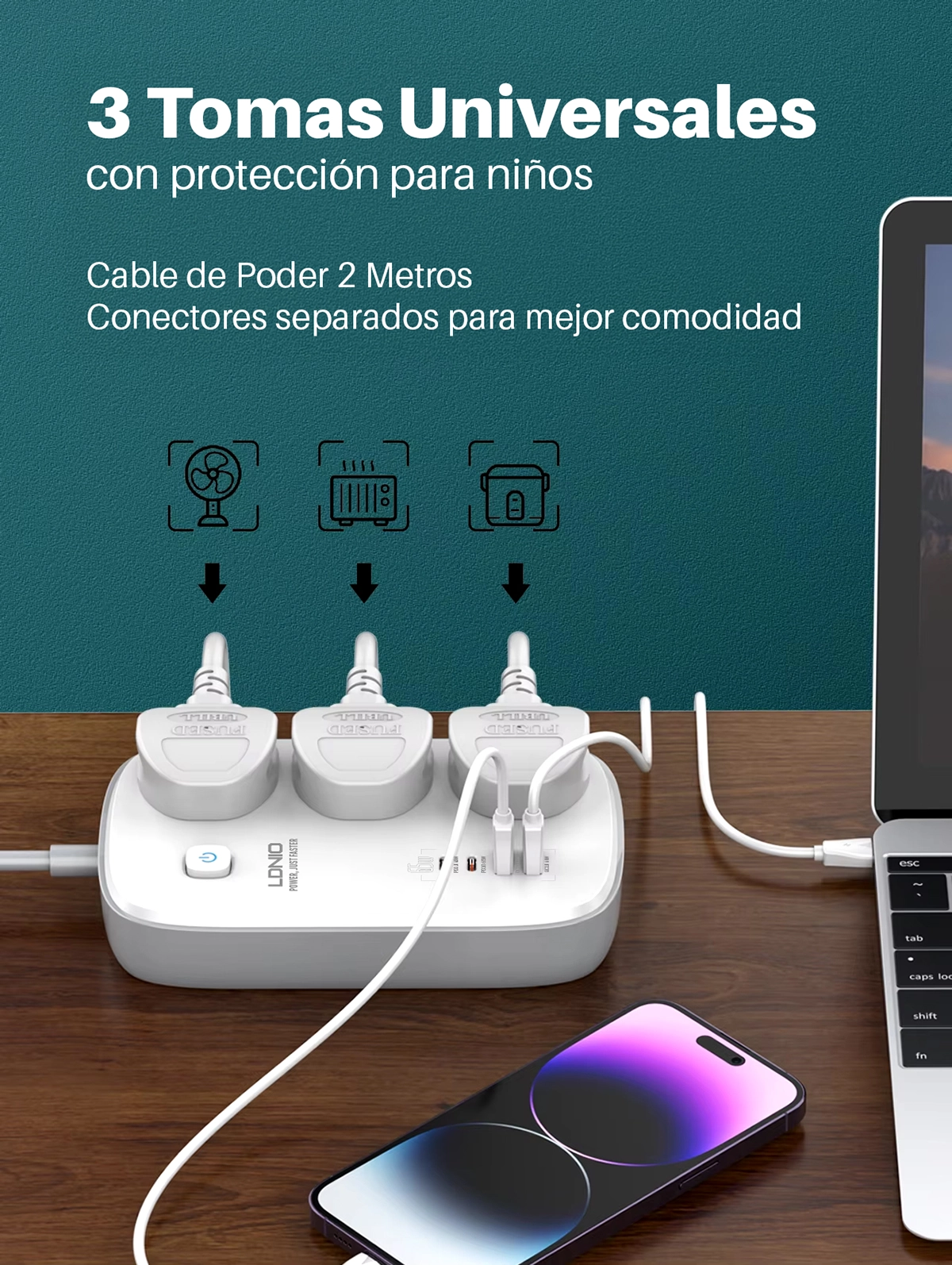 Regleta Eléctrica LDNIO SC3416: ¡Potencia tus Dispositivos con 65W GaN!, extensión de corriente 2mt 4 usb