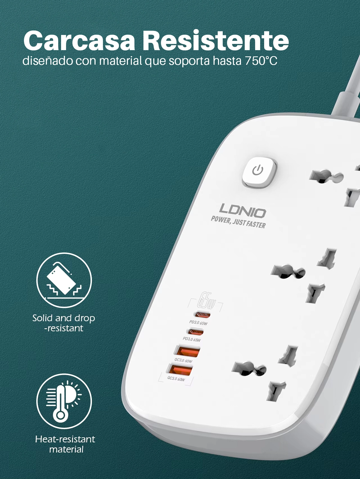 Regleta Eléctrica LDNIO SC3416: ¡Potencia tus Dispositivos con 65W GaN!, extensión de corriente 2mt 4 usb