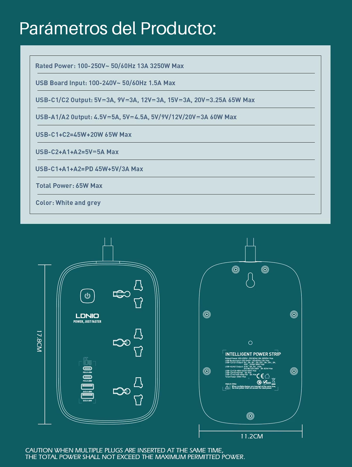 Regleta Eléctrica LDNIO SC3416: ¡Potencia tus Dispositivos con 65W GaN!, extensión de corriente 2mt 4 usb