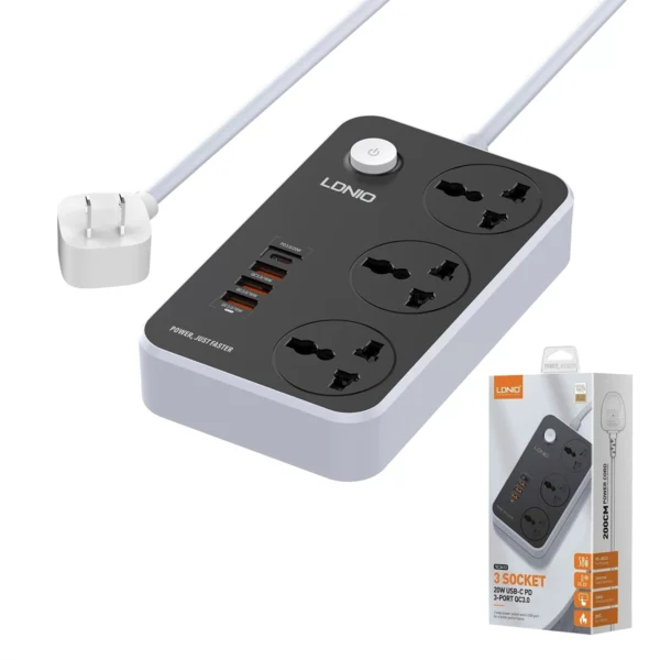 Regleta Eléctrica LDNIO SC3412: ¡3 Tomas, 4 Puertos USB y Carga Rápida!, Extensión de Corriente con USB, Regleta 2M con USB