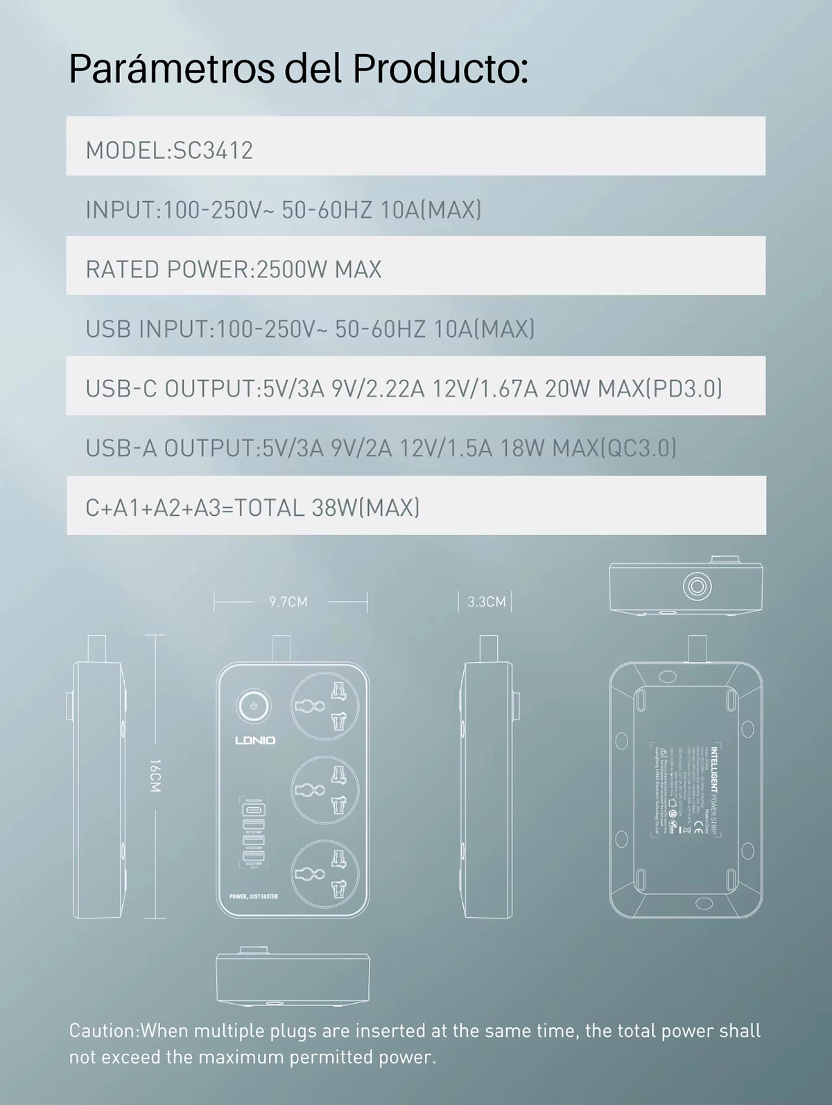 Regleta Eléctrica LDNIO SC3412: ¡3 Tomas, 4 Puertos USB y Carga Rápida!, Extensión de Corriente con USB, Regleta 2M con USB