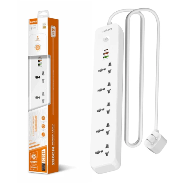 Regleta Eléctrica LDNIO SC5319: ¡5 Tomas, 3 Puertos USB y Carga Rápida!, Supresor de Pico con USB, Extensión Eléctrica con Puertos USB