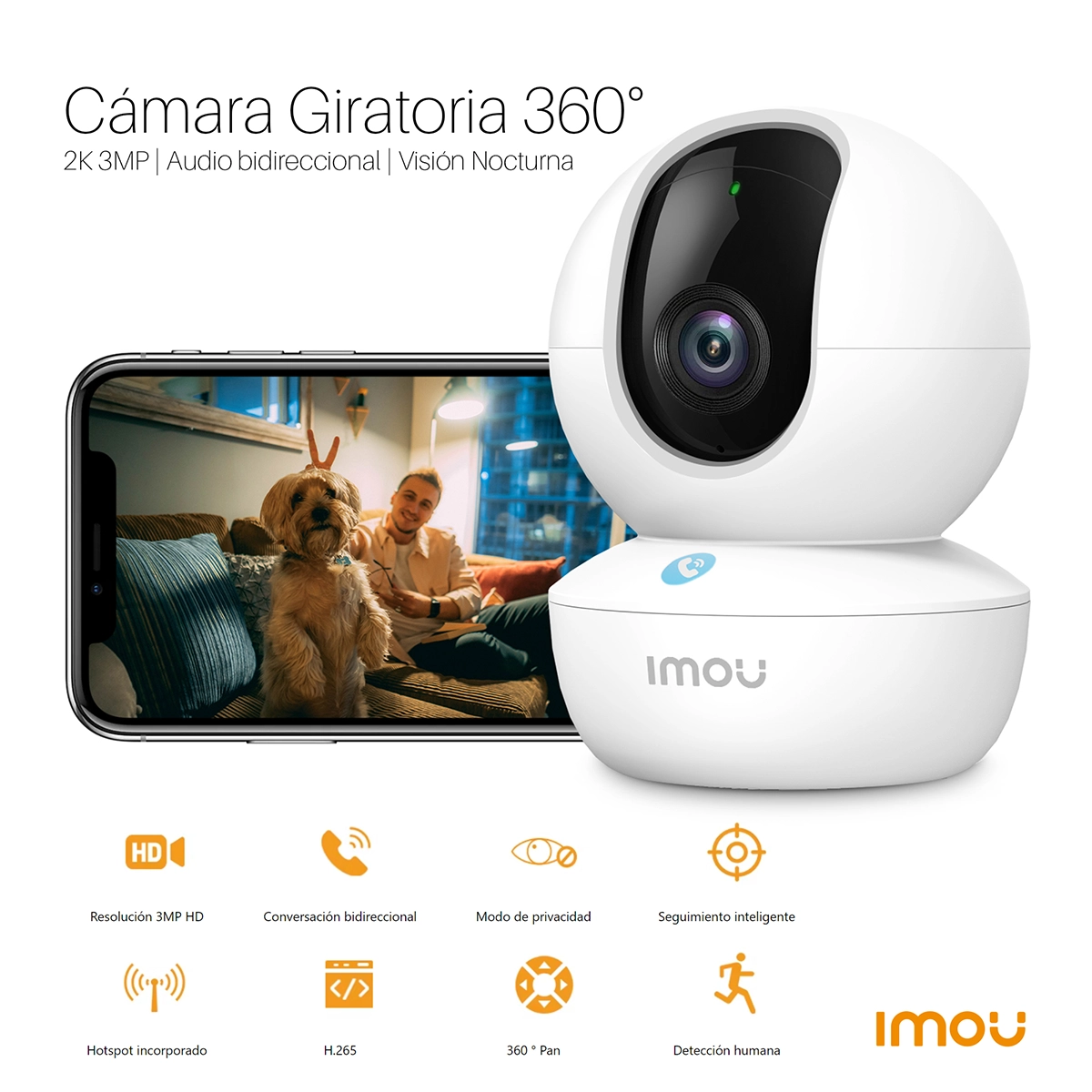 Cámara Giratoria IMOU IPC-GK2CN-3C1WR Ranger RC 3MP: ¡Seguridad Inteligente con Visión Panorámica!, Cámara de Seguridad Mini PTZ para interiores